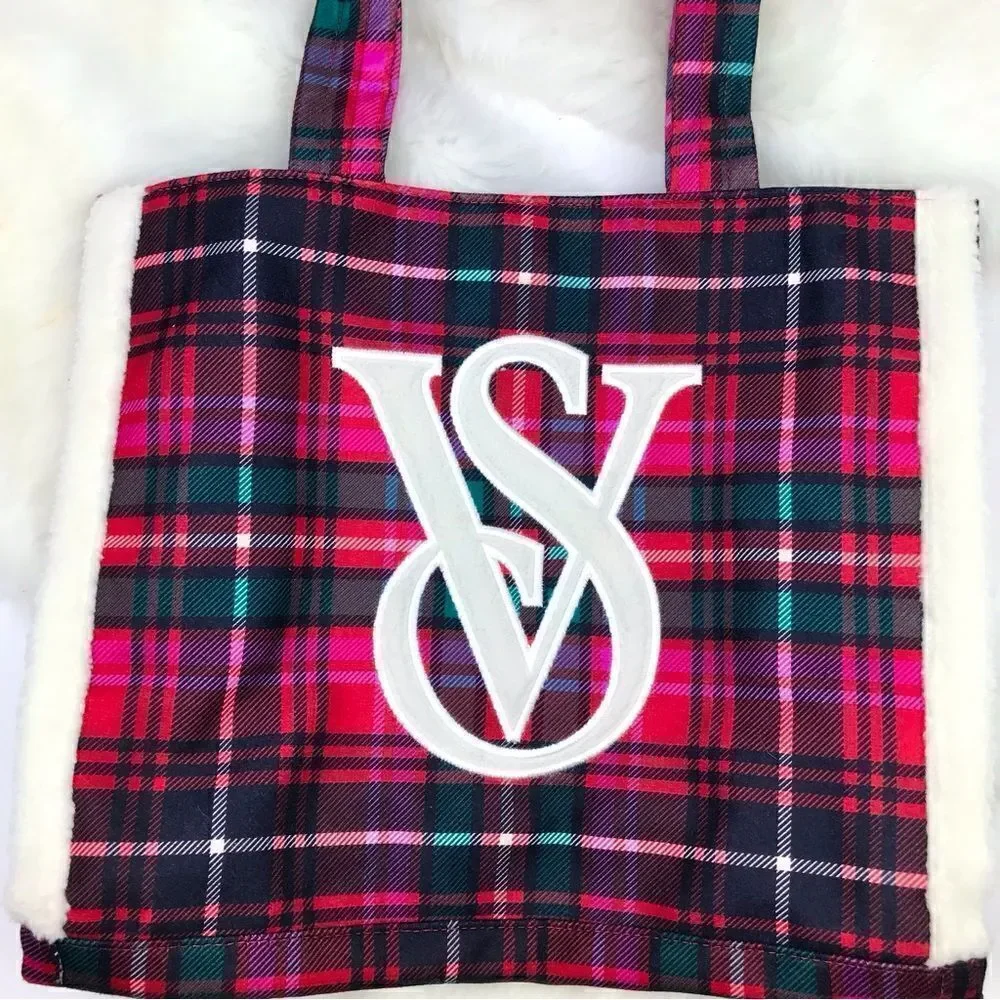 Victoria’s Secret Red Green Plaid Shearling Trim Holiday Winter Travel Tote Bag